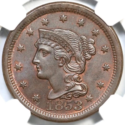 1853 N-26 R-2 NGC MS 65 BN CAC Braided Hair Large Cent Coin 1c - Image 1 of 3