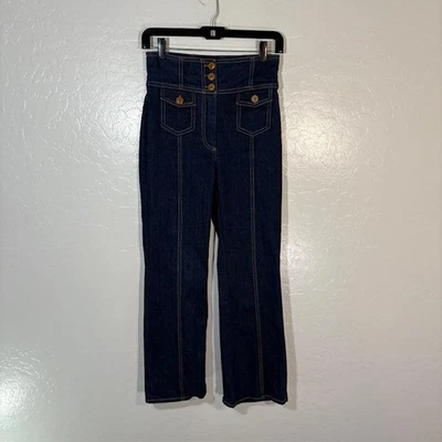 Pantalones de mezclilla Ulla Johnson para mujer 2 índigo oscuro tiro alto botones bolsillos marineros delanteros Foto 1 de 4