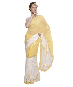 Huge Sale Sari Yellow Ivory Feminine Embroidered Saree Designer Indian Free Ship - Picture 1 of 2