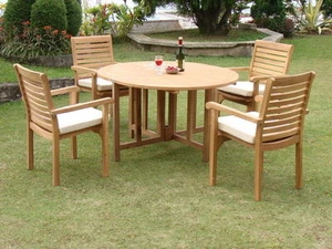 5-Piece Outdoor Teak Dining Set: 48" Butterfly Table, 4 Stacking Arm Chairs Hari - Picture 1 of 12