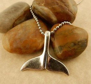 Antiqued Silver tone alloy Dolphin tail pendant on chain - Picture 1 of 2