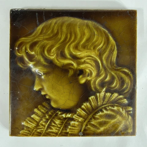 ANTIQUE 6” X 6” TRENT NJ MAJOLICA GLAZE PORTRAIT CHILD VICTORIAN SALVAGED TILE Cover