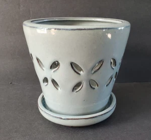 Blue Gray Orchid Pot Glazed Terra Cotta 5 1/4" X 5 1/2 New - Picture 1 of 5