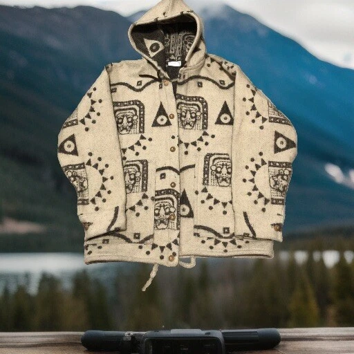Hand Made In Ecuador Wool Aztec Coat Size L Hoodie And Two Pockets Southwestern - Image 1 of 4