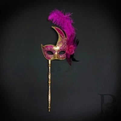 Holding Stick Party Mask | Feather Masquerade Mask Gold Hot Pink M6131 - Image 1 of 4