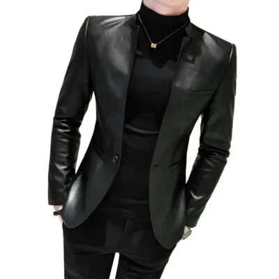 Chaqueta blazers de cuello alto ajustada de un botón para hombre Abrigo de cuero Prendas para club nocturno Negro Foto 1 de 4