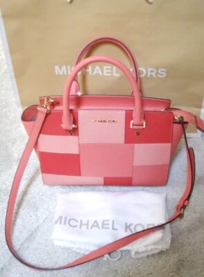 NUEVO CON ETIQUETAS $328 Michael Kors SELMA Parche Azulejo Cuero Saffiano Cartera Rosa Sin Impuestos de Venta Foto 1 de 4