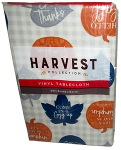 FALL~ Vinyl Tablecloth ~60" Round ~ Seats 4-6 PUMPKIN'S & LEAVES W/ FALL SAYINGS - Picture 1 of 1