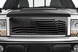 Custom Aftermarket Steel Grille Kit for 2009-2014 Ford F-150 AMERICAN FLAG Black - Foto 1 di 3