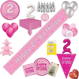 Rosa 2. Happy Birthday Deko Party Wimpel Silber Luftballons Banner Kerze - Bild 1 von 21