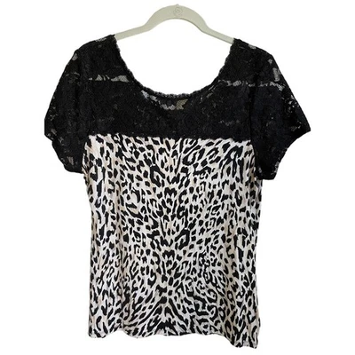 WHBM Leopard Black Lace Short Sleeve Top Scoop Neck Stretchy Soft Sz L Flirty - Image 1 of 4