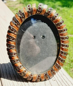 Blumen Blätter Emaille auf Metall verziert Bronze Strass oval 6" Bilderrahmen - Bild 1 von 9