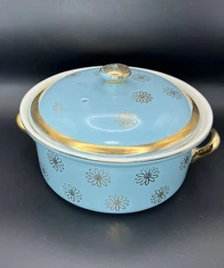 Vintage Halls Superior Qualität Blau Gold Gänseblümchen bedeckt 1,75 QT Auflaufform - Bild 1 von 7