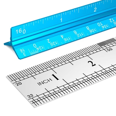 Architectural Scale Ruler 12 Inch, Aluminum Architect Ruler & Metal Ruler Set, I