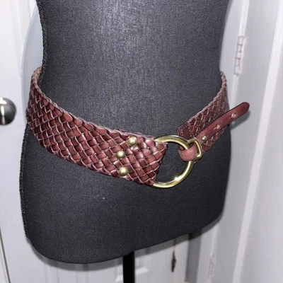 Talbots Waist Belt Womens Large Brown Leather Woven Braided Brass Gold O Ring - Image 1 of 4