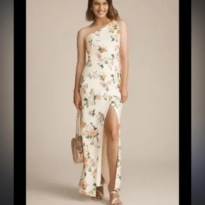 BHLDN Anthropologie Dylan Printed One-Shoulder Satin Side-Slit Gown 8 New - Image 1 of 4