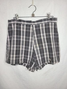 Vtg 60s Plaid Cotton Shorts Back Metal Zip High Waist Gray Worn AsIs L w32 Pinup - Picture 1 of 15