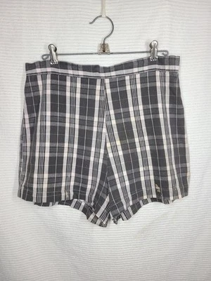 Vtg 60s Plaid Cotton Shorts Back Metal Zip High Waist Gray Worn AsIs L w32 Pinup - Image 1 of 4