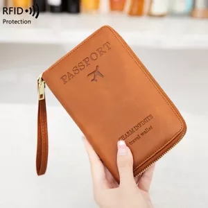 RFID Leather Travel Passport Case Cover Zipper Wallet Card Holder with Wristband