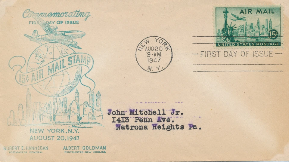 POSTAL HISTORY FIRST DAY EVENT COVER-1947 FDC 15 CENT AIR MAIL STAMP NEW YORK NY - Image 1 of 1