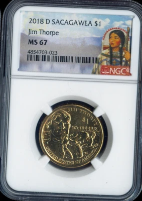 Dólar nativo Sacagawea 2018 D $1 NGC MS 67 calidad Jim Thorpe✔️ Foto 1 de 2