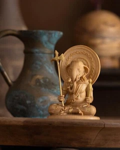 Tiny Buddha Kangiten Single Seated Statue 5.8cm Wooden Boxwood Gold Paint - Picture 1 of 9