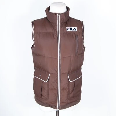 Vtg FILA Sport Full Zip Puffer Vest Jacket Polyester Pkts Brown w White Piping S - Image 1 of 4