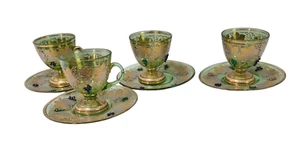 Antique Set Four Moser Footed Cups & Saucers Green Glass Gilded Grapes Vines - Picture 1 of 11