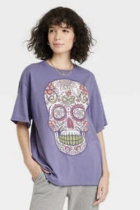 Sugar Skull Tee Dia De Los Muertos Sugar Skull Short Sleeve T-Shirt Purple med - Picture 1 of 2