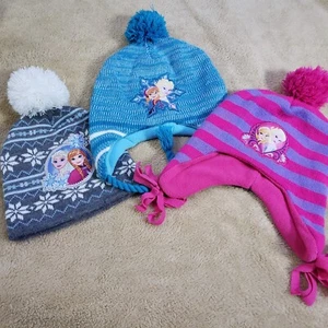 Lot of 3 Disney Girls Frozen Winter Hat Beanie YOUTH Anna Elsa Patch Purple Pink - Picture 1 of 8