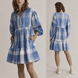 Country Road Dress Womens 10 S Blue Check Lace Front Ramie Boho Cottage Peasant - Picture 1 of 19