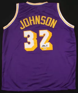 Magic Johnson Signed Los Angeles Lakers Purple Jersey (PSA/DNA COA) 5xNBA Champ - Picture 1 of 5