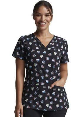 Love U Dots Dickies Scrubs EDS V Neck Top DK718 LVDT - Image 1 of 4