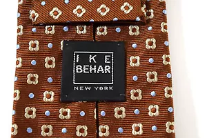 Cravatta uomo IKE BEHAR seta USA spessa geometrica marrone blu fiori a pois - Foto 1 di 7