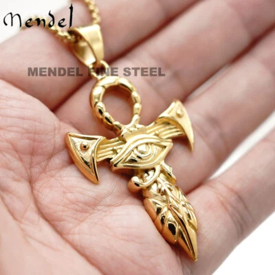 Collar Colgante HORUS OJO DE CRUZ ANKH HIP HOP EGIPCIO ENCHAPADO EN ORO Mendel para Hombres - Imagen 1 de 4