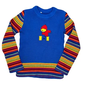 Vintage Knitted Kids Jumper Sz 5-6 Blue Retro Stripe Acrylic Q1 - Picture 1 of 7