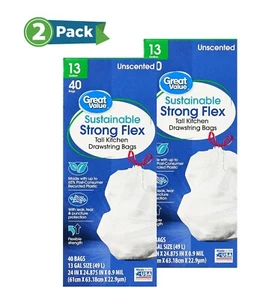 2 pack -13-Gallon Drawstring Tall Kitchen Trash Bags, Unscented, 40 Bags - Picture 1 of 5