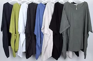 New Ladies Oversized Italian Boxy Casual Linen Lagenlook 2 Large Pocket TunicTop - Picture 1 of 23