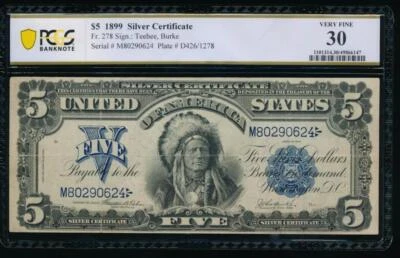 AC Fr 278 1899 $5 Silver Certificate PCGS 30 CHIEF NOTE - Image 1 of 2