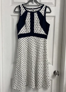 Ivanka Trump Navy and White Patterned Fit n Flare Dress Size 8 Linen Blend - Picture 1 of 5