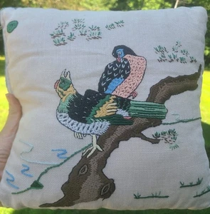 RARE Vintage Silk Emboidered Pillow 12" X 12" Bright Colors Birds  - Picture 1 of 7