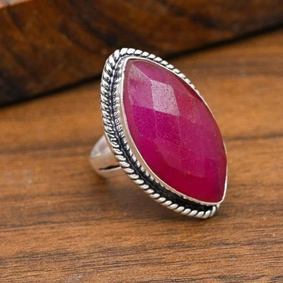 Faceted Ruby Lab-Created Gemstone Handmade 925 Sterling Silver Jewelry Ring - Image 1 of 4