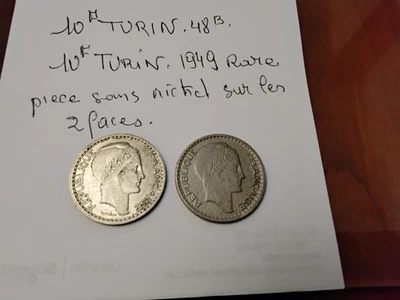 2 pieces 10f turin 1948b et1949 tres rare piece sans nickel photos - Photo 1/4