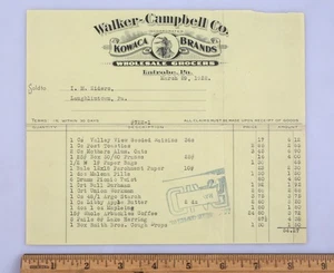 Vintage Papier Quittung 1922 Walker Campbell Co. Kowaca Marken Lebensmittelhändler Latrobe PA - Bild 1 von 2