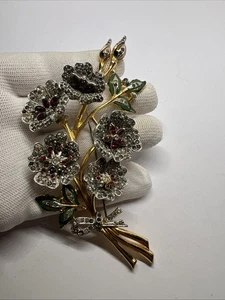 Rare! Vtg Large Green Enamel Clear Red Rhinestone Flower Metal 4.5” Brooch Pin - Picture 1 of 10