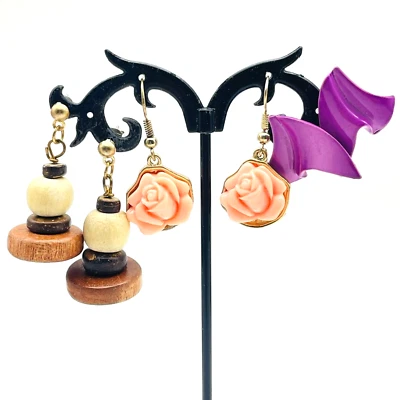 Pierced Earrings Lot of 3 Purple Ripple Peach Rose Stack Wood Beads Boho Fest - Image 1 of 4