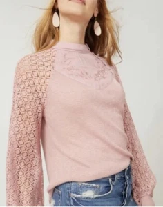 Free People Sweetest Thing Rose Embroidered Lace Long Sleeve Thermal Top Sz M/L - Picture 1 of 13