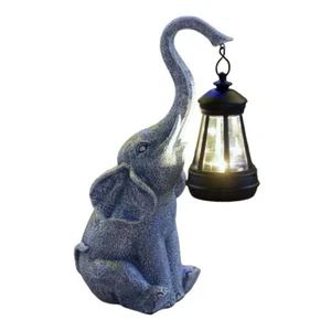Elephant Statue with Lantern for Garden Decor Solar On/Off Switch Stone Color - Picture 1 of 7
