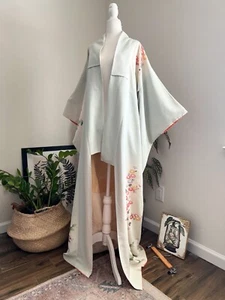 Vintage Japanese Kimono Duster Robe Light Blue Floral Pattern - Picture 1 of 22