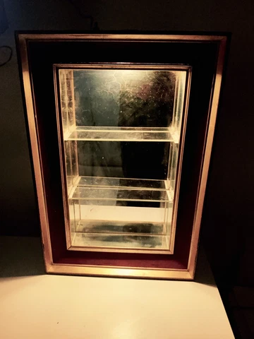ANTIQUE ITALIAN GOLD PAINTED MIRROR CABINET WITH LIGHT. RED VELVET. 20 inches Cover